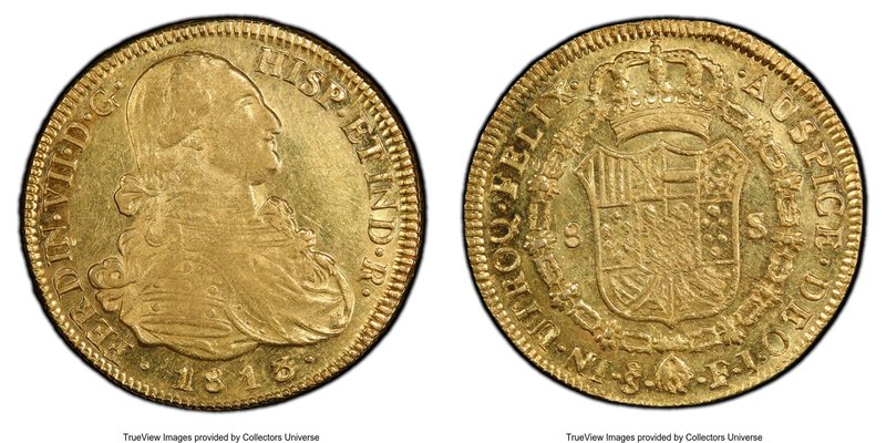 Ferdinand VII gold 8 Escudos 1813 So-FJ AU58 NGC, Santiago mint, KM78.

HID09801...