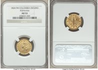 Republic gold Escudo 1824-FM AU53 NGC, Popayan mint, KM81.2. Narrow and wide dates with at least five varieties of numeral and letter placements known...