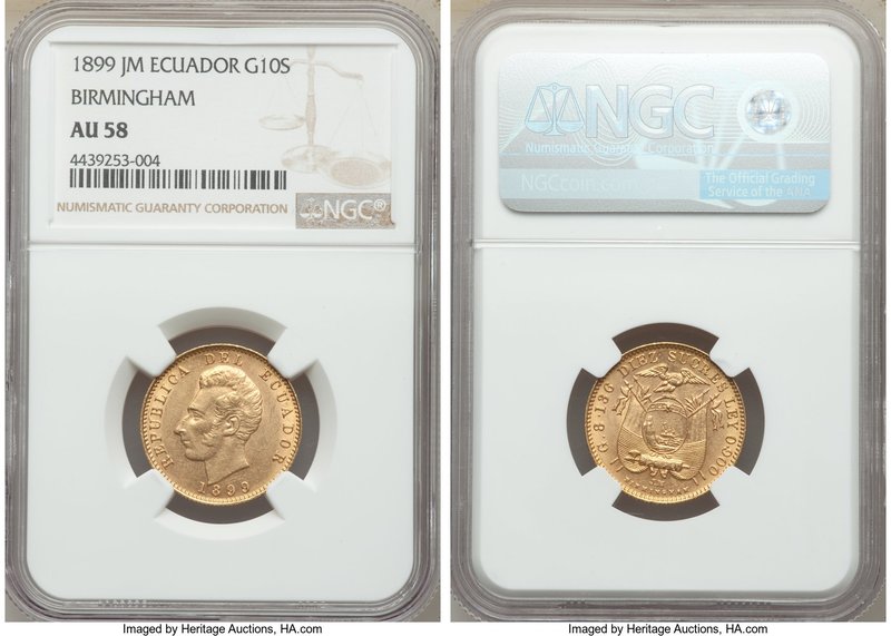 Republic gold 10 Sucres 1899 BIRMINGHAM-JM AU58 NGC, Birmingham mint, KM56. AGW ...