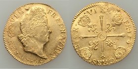 Louis XIV gold Contemporary Counterfeit Louis d'Or 1704-D UNC, Lyon mint, KM365.5, Gad-254. Contemporary counterfeit overstrike on a genuine Louis d'o...