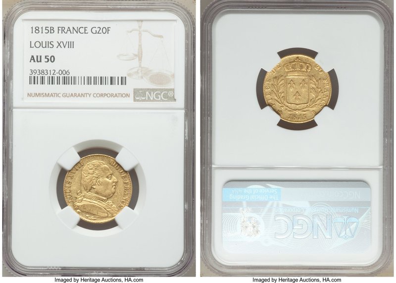 Louis XVIII gold 20 Francs 1815-B AU50 NGC, Rouen mint, KM706.2.

HID09801242017