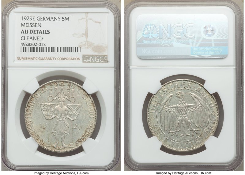 Pair of Certified Weimar Republic 5 Marks NGC, 1) "Meissen" 5 Mark 1929-E - AU D...