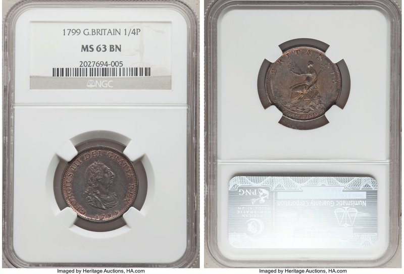 George III Farthing 1799 MS63 Brown NGC, KM646.

HID09801242017