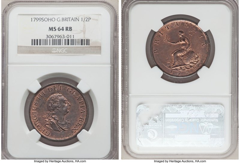 George III 1/2 Penny 1799-SOHO MS64 Red and Brown NGC, Soho mint, KM647, S-3778....