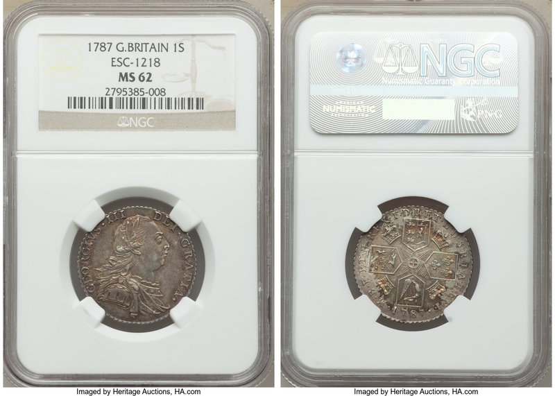 George III Shilling 1787 MS62 NGC, KM607.2, ESC-1218.

HID09801242017