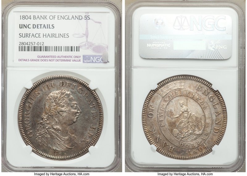 George III Bank Dollar of 5 Shillings 1804 UNC Details (Surface Hairlines) NGC, ...