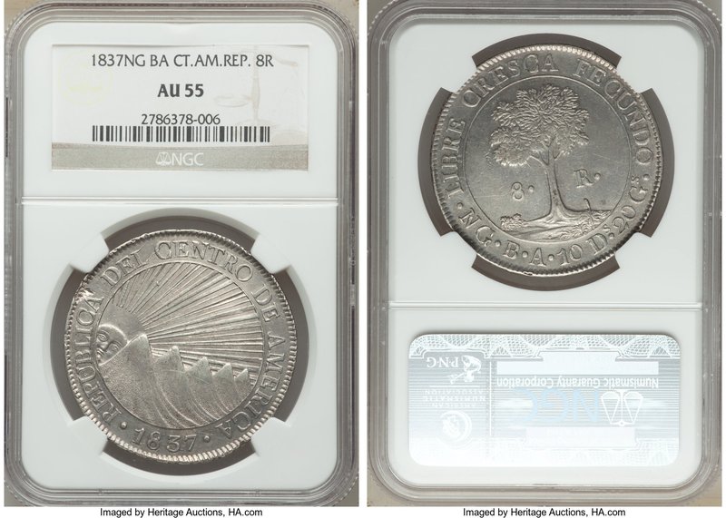 Central American Republic 8 Reales 1837 NG-BA AU55 NGC, Guatemala City mint, KM4...