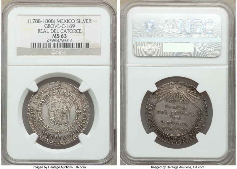 Charles IV silver Real de Catorce Proclamation Medal ND (1789) MS63 NGC, Grove-C...