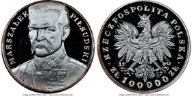 Republic Proof 100000 Zlotych 1990 PR67 Ultra Cameo NGC, KM-Y201. Mintage: 10,000. Marshall Józef Pilsudski Issue. Includes blue velvet box of issue. ...