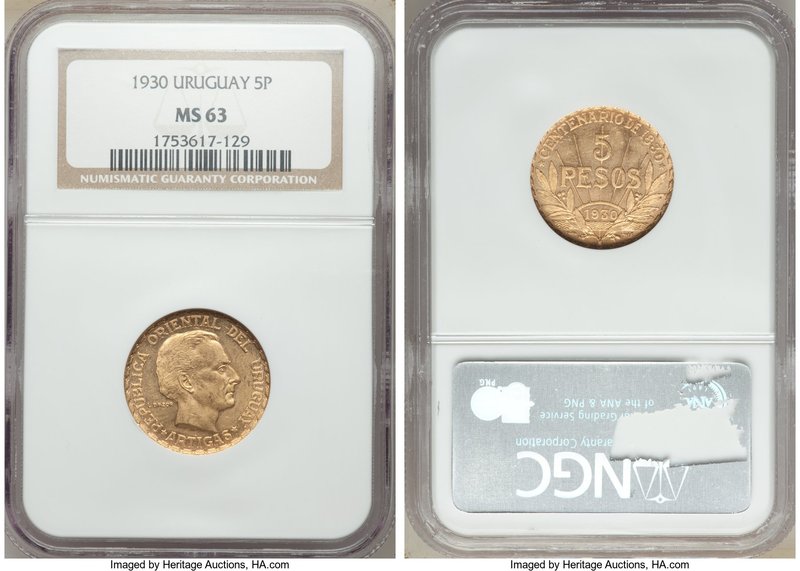 Republic gold 5 Pesos 1930-(a) MS63 NGC, Paris mint, KM27. Only 14,415 were rele...