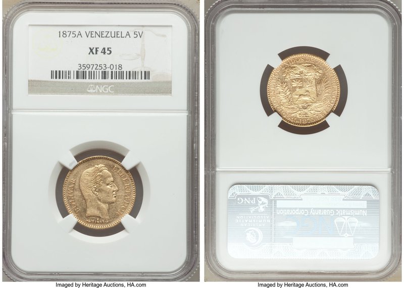 Republic gold 5 Venezolanos 1875-A XF45 NGC, Paris mint, KM-Y17. AGW 0.2333 oz.
...