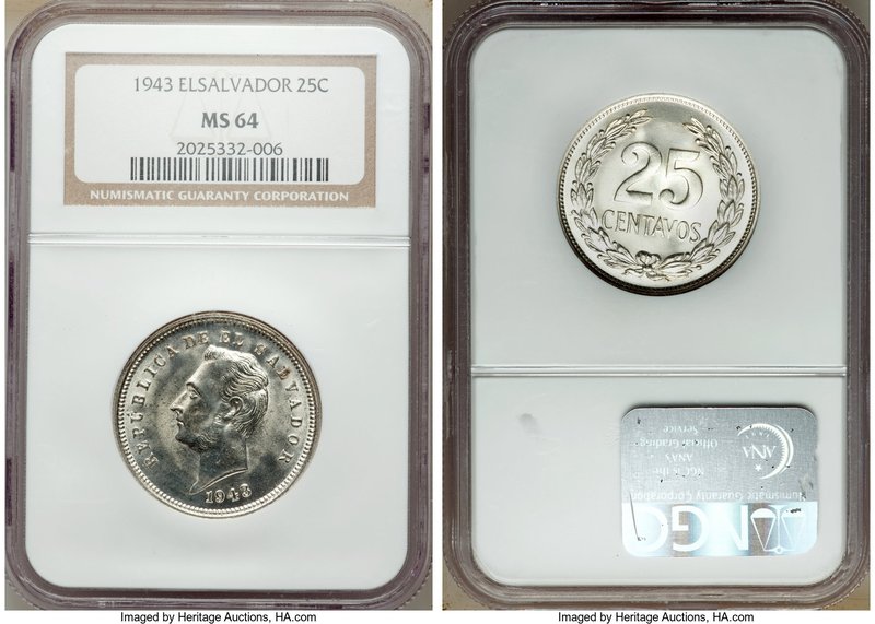 Pair of Certified Assorted Issues NGC, 1) El Salvador: Republic 25 Centavos 1943...