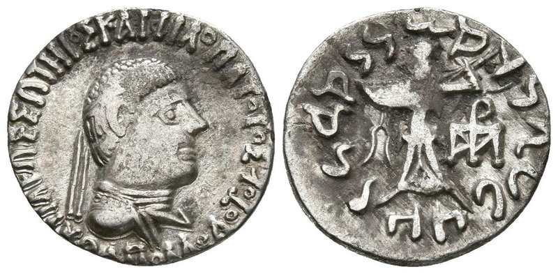 BAKTRIA. Apollodotos II. Dracma. 85-65 a.C. Indo-Grecia. A/ Busto drapeado con d...