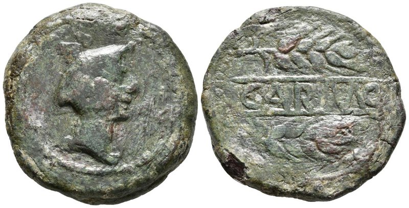 CARMO. As. 80 a.C. Carmona (Sevilla) A/ Cabeza de Mercurio a derecha, delante ca...