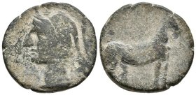 CARTAGONOVA. Calco. 220-215 a.C. Cartagena (Murcia). A/ Cabeza de Atenea a izquierda. R/ Caballo parado a derecha. FAB-525. Ae. 9,05g. BC+.