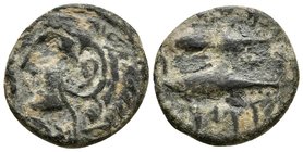 GADES. Semis. 100-20 a.C. Cádiz. A/ Cabeza de Hércules-Melkart con piel de león a izquierda, delante clava. R/ Dos atunes a izquierda, encima y debajo...
