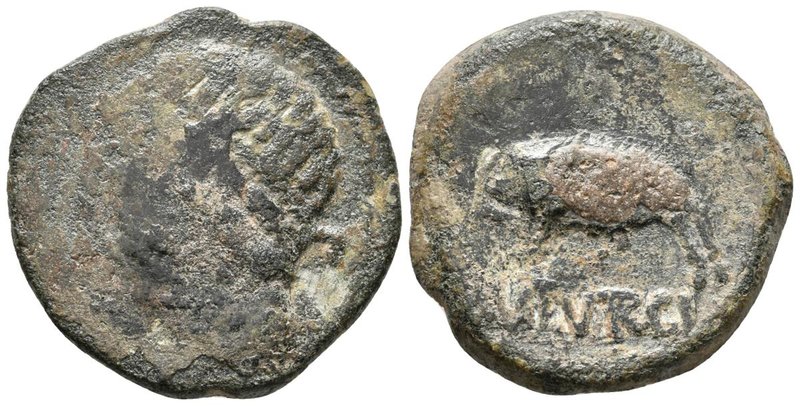 ILITURGI. As. 50 a.C. Mengíbar (Jaén). A/ Cabeza masculina con diadema a izquier...