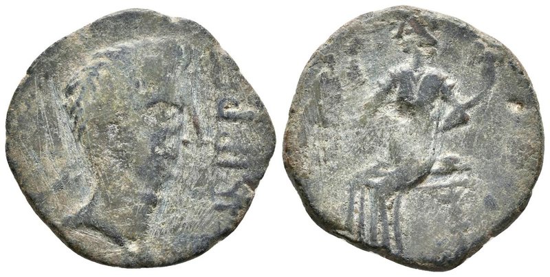 IRIPPO. As. 30 a.C. Cercanías de Sevilla. A/ Cabeza de ¿Octavio? a derecha, dela...
