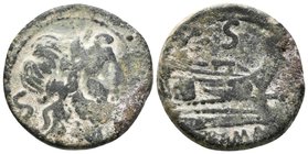 ACUÑACIONES ANONIMAS. Semis. 211 a.C. Imitación Hispana. A/ Cabeza de Saturno a derecha, detrás marca de valor S. R/ Proa a derecha, sobre esta marca ...