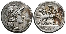 C. SCRIBONIUS. Denario. 154 a.C. Roma. A/ Cabeza con casco de Roma a derecha, detrás signo de valor X. R/ Los Dioscuros a caballo a derecha, encima es...