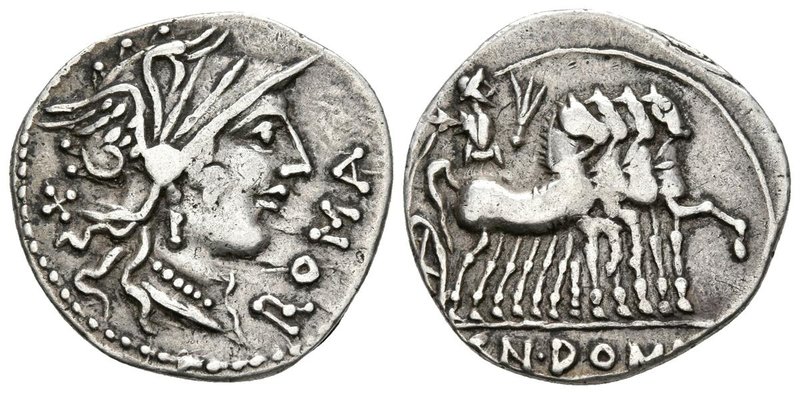 CN. DOMITIUS AHENOBARBUS. Denario. 116-115 a.C. Roma. A/ Cabeza de Roma con casc...