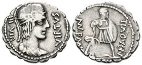 MN. AQUILLIUS MN. F. MN. N. Denario. 71 a.C. Roma. A/ Busto con casco de Virtus a derecha. VIRTVS - III VIR. R/ El cónsul Manius Aquillius estante a d...