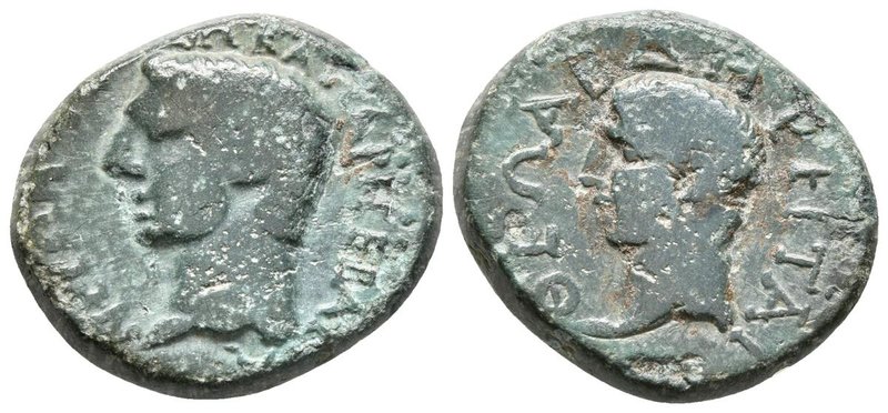 NERON y DIVO AUGUSTO. Ae20. 54-68 d.C. Abdera, Thracia. A/ Cabeza desnuda de Ner...