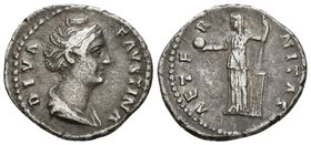 DIVA FAUSTINA I. Denario. 141 d.C. Roma. A/ Busto drapeado a derecha con pelo recogido. DIVA FAUSTINA. R/ Fortuna estante a izquierda portando globo y...
