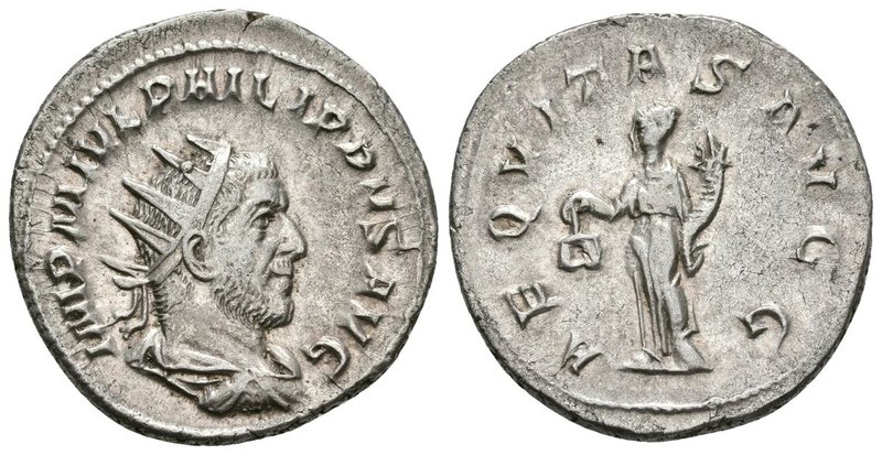 FILIPO I. Antoniniano. 244-247 d.C. Roma. A/ Busto radiado y drapeado con coraza...