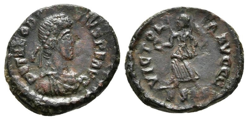 TEODOSIO I. Fracción de Centenional (Ae. 1,32g/14mm). 384-387 d.C. Siscia. (RIC ...