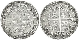FELIPE V. 8 Reales. 1708. Sevilla M. Cal-928. Ar. 24,31g. Curiosa copia acuñada sobre 5 Pesetas de Alfonso XIII. MBC+.