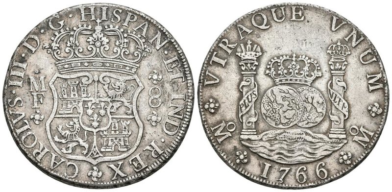 CARLOS III. 8 Reales. (Ar. 26,65g/38mm). 1766. México MF. (Cal-904). MBC+.