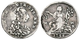 CARLOS III. 1/2 Carlino. 1758. Nápoles IA/MM-R. Vti. 128; Pannuti-Riccio 47; Varesi 342/3. Ar. 0,96g. MBC-.