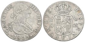 CARLOS IV. 2 Reales. 1803. Sevilla CN. Cal-1067. Ar. 5,62g. MBC-/MBC.