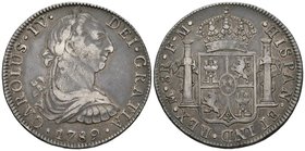 CARLOS IV. 8 Reales. 1789. México FM. Busto de Carlos III y ordinal IV. Cal-681. Ar. 26,93g. Tono. MBC. Escasa.