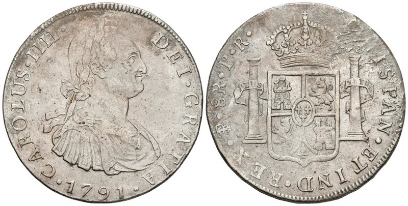 CARLOS IV. 8 Reales. (Ar. 26,45g/41mm). 1791. Potosí PR. (Cal-712). MBC. Vano de...