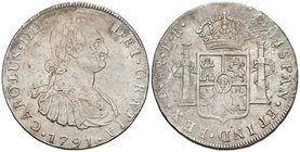 CARLOS IV. 8 Reales. (Ar. 26,45g/41mm). 1791. Potosí PR. (Cal-712). MBC. Vano de acuñación. Escasa.