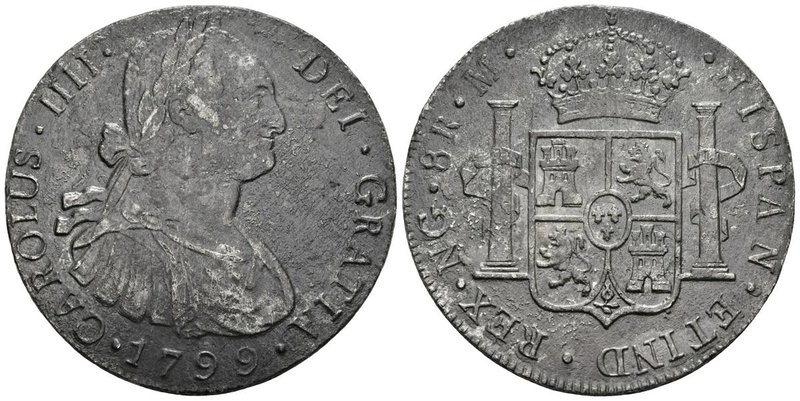 CARLOS IV. 8 Reales. 1799. Guatemala M. Cal-630. Ar. 25,42g. Oxidaciones marinas...