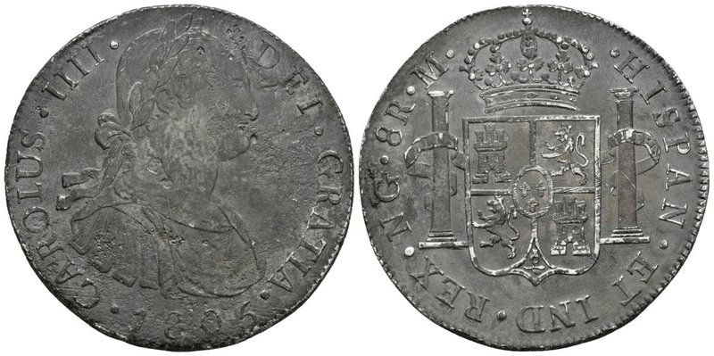 CARLOS IV. 8 Reales. 1805. Guatemala M. Cal-637. Ar. 26,64g. Oxidaciones marinas...