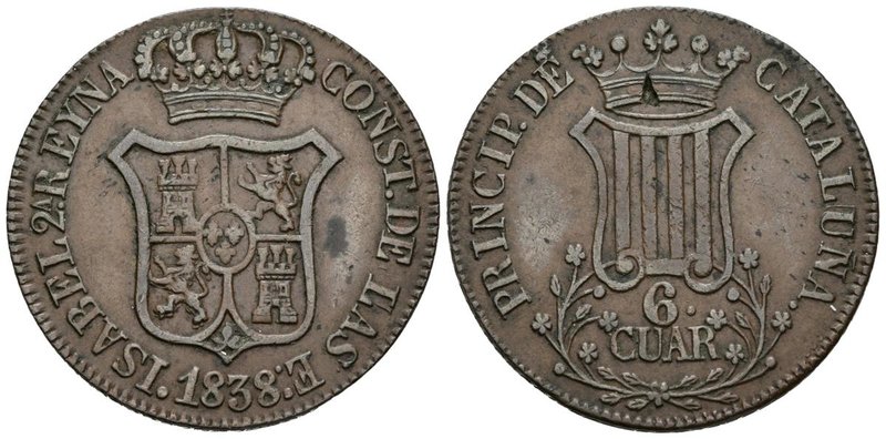 ISABEL II. 6 Cuartos. 1838. Barcelona. Cal-685. Ae. 13,38g. Hoja en anverso. MBC...