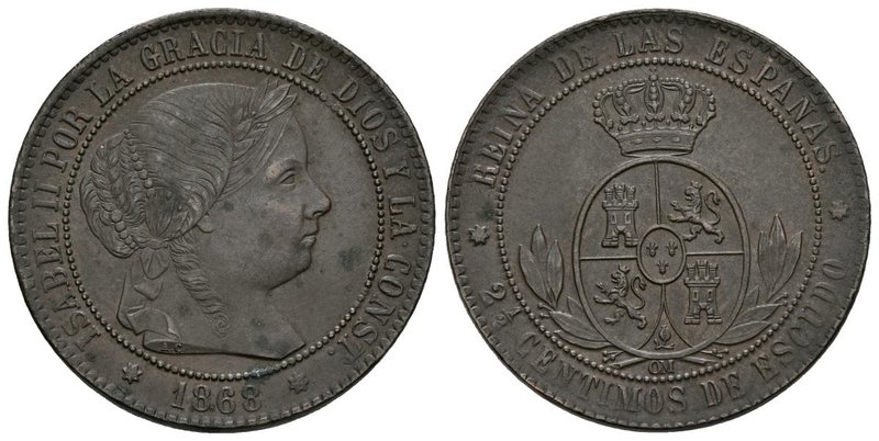 ISABEL II. 2 1/2 Céntimos de Escudo. 1868. Sevilla OM. Cal-650. Ae. 6,18g. Manch...