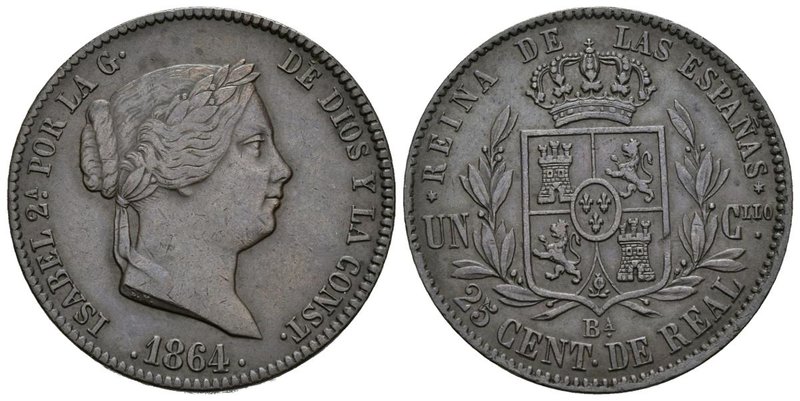 ISABEL II. 25 Céntimos de Real. 1864. Barcelona. Cal-588. Ae. 9,33g. MBC+.