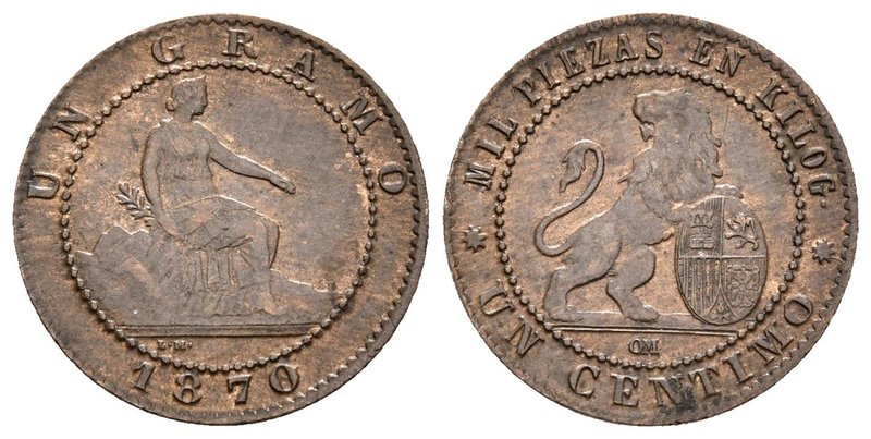 GOBIERNO PROVISIONAL. 1 Céntimo. (Ae. 1,01g/15mm). 1870. Barcelona OM. (Cal-27)....