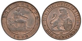 GOBIERNO PROVISIONAL. 2 Céntimos. (Ae. 2,01g/20mm). 1870. Barcelona OM. (Cal-26). SC-.