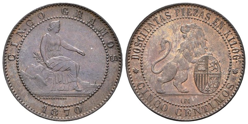 GOBIERNO PROVISIONAL. 5 Céntimos. 1870. Barcelona OM. Cal-25. Ae. 5,00g. EBC+/SC...