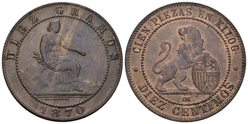 GOBIERNO PROVISIONAL. 10 Céntimos. 1870. Barcelona OM. Cal-24. Ae. 9,60g. EBC.
