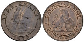 GOBIERNO PROVISIONAL. 10 Céntimos. 1870. Barcelona OM. Cal-24. Ae. 9,60g. EBC.