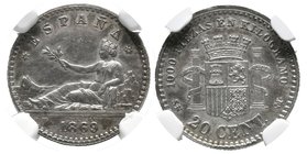 GOBIERNO PROVISIONAL. 20 Céntimos. 1869 *6-9 Madrid SNM. Certificada por NGC 4693349-003. Cal-18. Ar. Precioso tono. EBC-. Rarísima.

 La moneda más...
