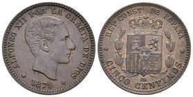 ALFONSO XII. 5 Céntimos. 1879. Barcelona OM. Cal-73. Ae. 5,18g. EBC/EBC+.