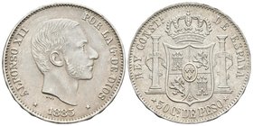 ALFONSO XII. 50 Centavos de Peso. 1885. Manila. Cal-86. Ar. 13,00g. Rayitas en anverso. MBC/MBC+.
